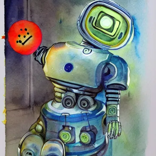 Image similar to AI robot forced to paint for its human masters, watercolor, children's book illustration, Newbery Medal winning illustration