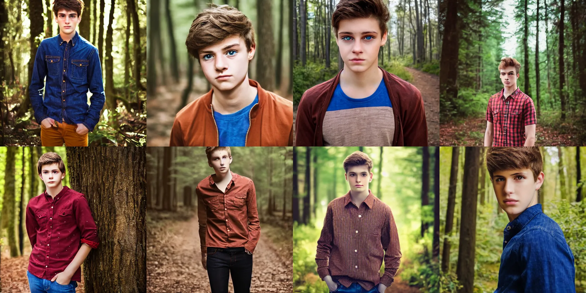 Prompt: realistic eyes, detailed face, realistic photo, male teenager, portrait, brown hair, red shirt, blue jeans, walking in forest