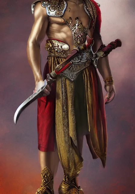 Prompt: a medium shot, studio photographic portrait of gatot kaca by David Silis,javanese mythology, holding a kris sword,concept art,realistic,photorealistic,8k