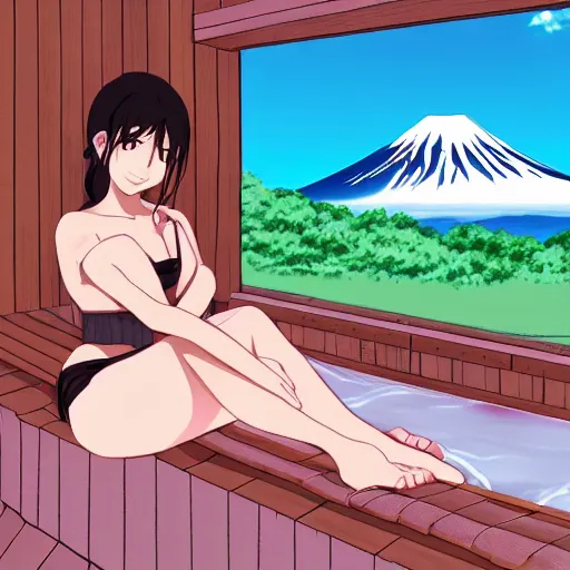 Prompt: moescape anime key visual of a slice of life girl relaxing in a sauna, mount fuji in the background, pixiv