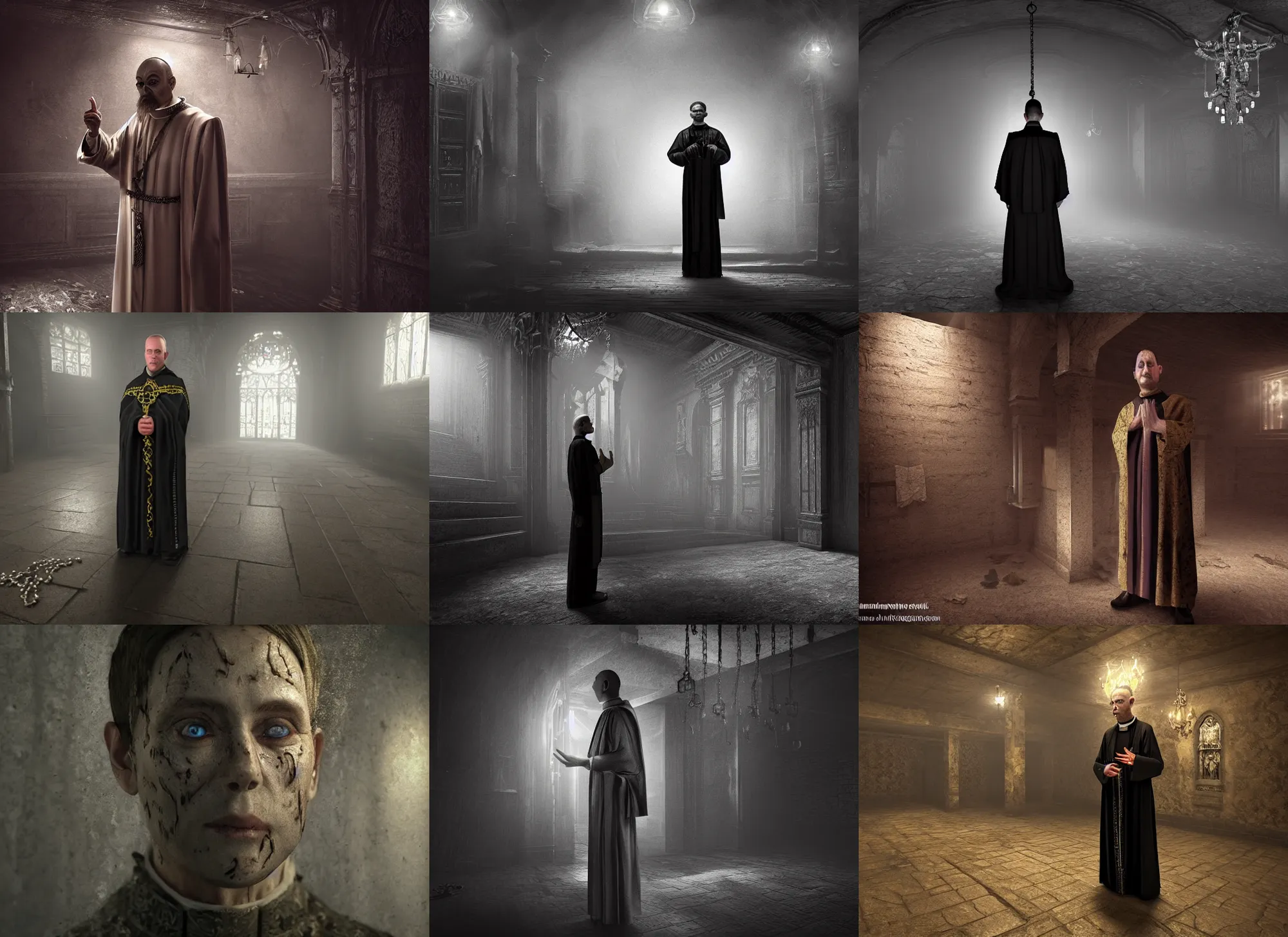 Image similar to a highly realistic and detailed full Priest standing in a dark dirty basement holding a rosary, wide angle 70mm lens, volumetric haze, front facing camera, symmetrical, photorealistic, insanely detailed and intricate, epic, hyper realistic, elegant, ornate, elite, horror, creepy, ominous, haunting, cinematic lighting, unreal engine, cinematic centered camera, high detail, no blur, unreal engine 8k