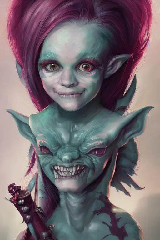 Image similar to a portrait of a cute psychotic fantasy goblin girl by Ross Tran and jeff easley