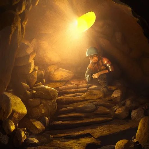 Image similar to pepe the miner in a dark cave, realistic, detailed, photography, artstation, dramatic light