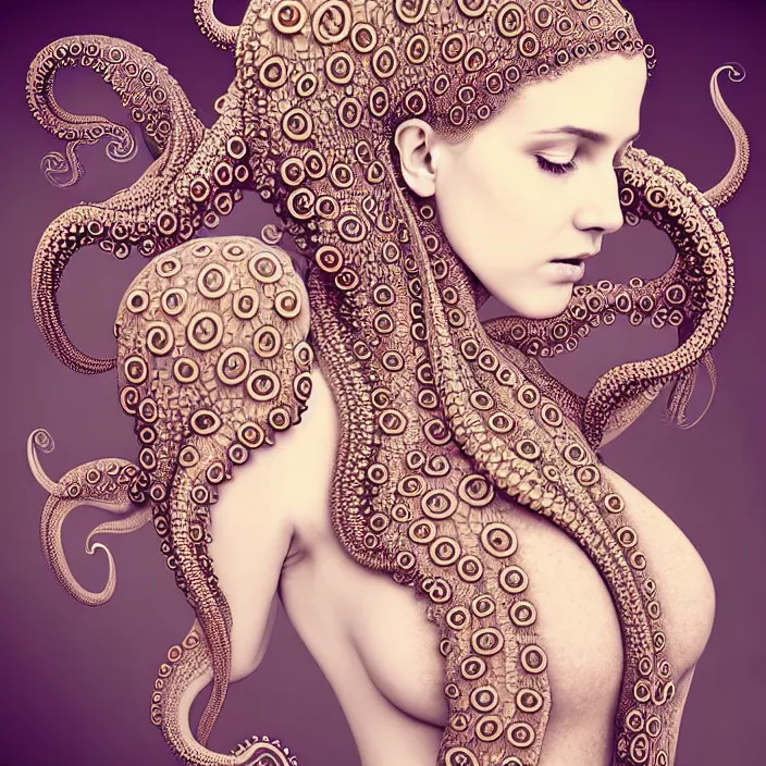 Image similar to photo portrait of a beautiful woman like a queen- octopus-dressed in long elegant intricate ornamental ethereal dress, natural skin tone, intricate mandelbrot fractal highly detailed tentacles ornament in the upper side of breast, bust with a very long neck , hair are wired tentacles, elegant, highly detailed intricate jellyfishes ornament in her long hair, Realistic, Refined, Highly Detailed, natural soft lighting colors scheme, fine art photography by Tim Walker, volumetric lighting, hyper realistic photography, 8 k