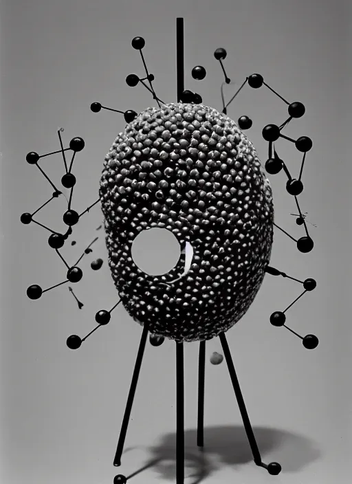 Prompt: realistic object photo of sculpture molecule model made of eyeballs, readymade, dadaism, fluxus, man ray 1 9 9 0, life magazine photo