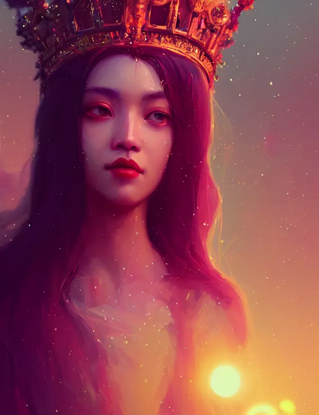 Prompt: bokeh background. close-up portrait of a goddess in crown, by Tooth Wu and wlop and beeple and greg rutkowski