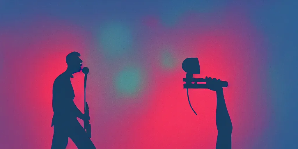 Image similar to arm holding microphone up to mouth, silhouette, huge crowd, outrun, hip hop, simple shapes, psychedelic light show, trending on Artstation, professional artist, detailed, 4k