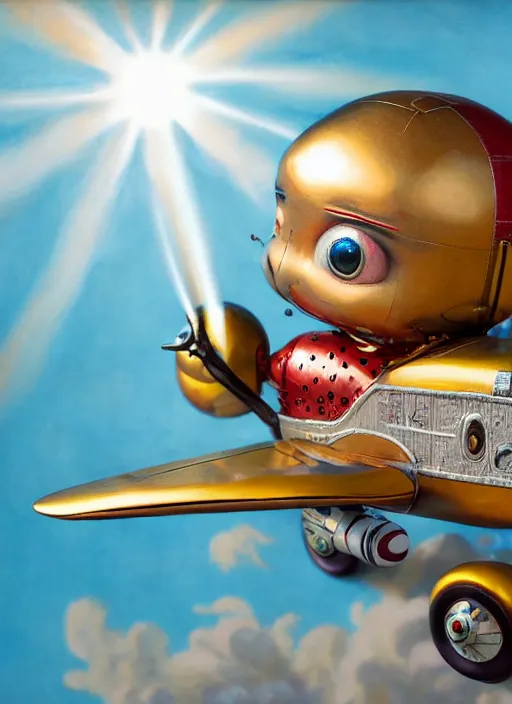 Image similar to highly detailed closeup portrait of a cute tin toy retro airplane, nicoletta ceccoli, mark ryden, lostfish, earl nore, hyung tae, frank frazetta, global illumination, god rays, detailed and intricate environment