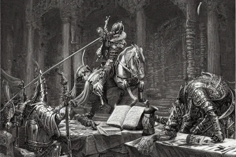 Image similar to highly detailed picture of the knight emerges from the open page of the book, don quixote comes out of an open old book on the table, symmetrical face, cinematic romantic magical, masterpiece, from the book by gene wolfe, highly detailed painting by gustave dore