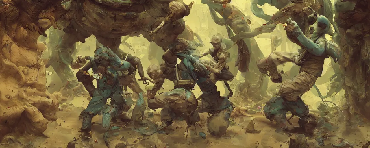 Image similar to duotone olive mutagen illustration 3 / 4 portrait of gollum kung fu fighting with michelin mans chaotic composition accidental renaissance golden ratio. by sachin teng and sergey kolesov and ruan jia and heng z. graffiti art, scifi, fantasy, hyper detailed. octane render. concept art. trending on artstation
