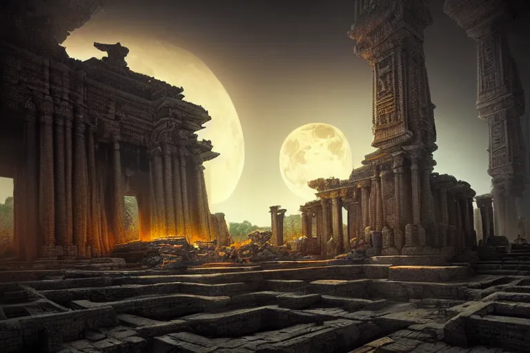 Prompt: beautiful hyperrealistic hyperdetailed epic hdr 3 d render by octane of the mysterious intricate ruins of a temple from an advanced alien starwars civilization under the crescent moon by alejandro burdisio, dramatic lighting