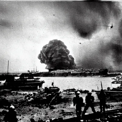 Prompt: photo of d-day, world war 2, large explosion in distance, war, cinematic, gritty, grainy