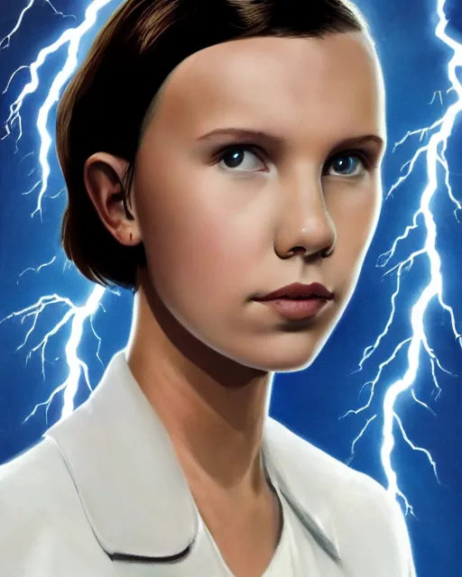 Image similar to Portrait of Millie Bobby Brown in a jungle of lightning