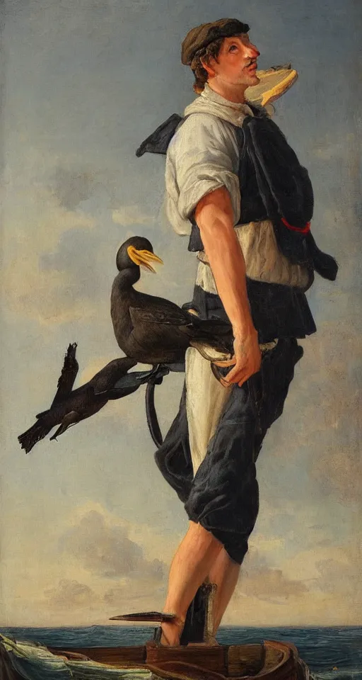 Image similar to romantic portrait painting of a fisherman with a cormorant on his shoulders, in romantic style, sfumato