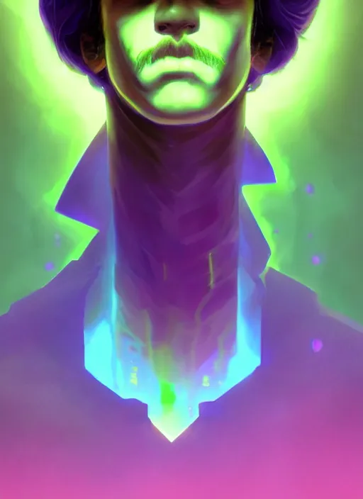 Prompt: symmetry!! a portrait young tech mage with a salvador dali moustache and a soul patch by artgerm and greg rutkowski, purple and green colors, neon light, volumetric lighting, mystical vibe, magical, very detailed, intricate, 4 k