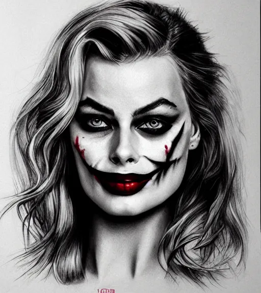 Image similar to tattoo design sketch of beautiful margot robbie portrait with joker makeup, in the style of den yakovlev, realistic face, black and white, realism tattoo, hyper realistic, highly detailed