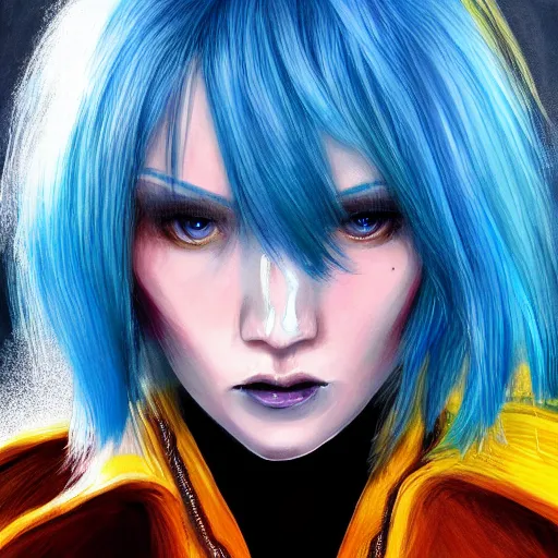 Image similar to full face shot of rimuru tempest, sky blue straight hair, long bangs, with amber eyes, wearing a fancy black jacket, high collar, ultra detailed, brush strokes, digital painting, cinematic, wlop artstation, closeup, pixiv, intense, intimidating glare, photorealistic, overpowering, andy warhol,