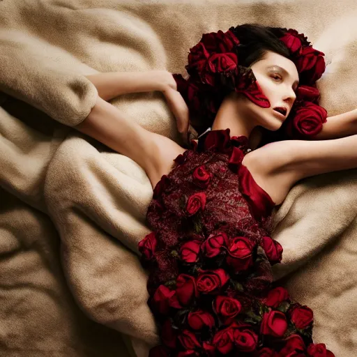 Image similar to a fashion photo of a beautiful model, a bed of roses, by ted gibson, jen atkin, tom eerebout, elizabeth saltzman, peter lindbergh, tim walker, symmetry, full face, studio lighting, dlsr,