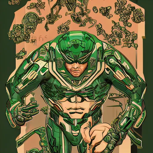 Image similar to glypho design intricated in the graphic style of Matt Sanz and DC Comics, hyper detailed, trending on artstation, green tones