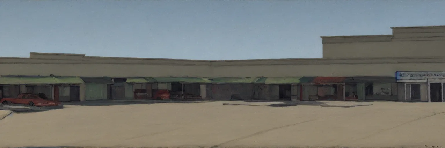 Prompt: bleak and deserted parking lot behind a North American suburban strip mall by Edward Hopper