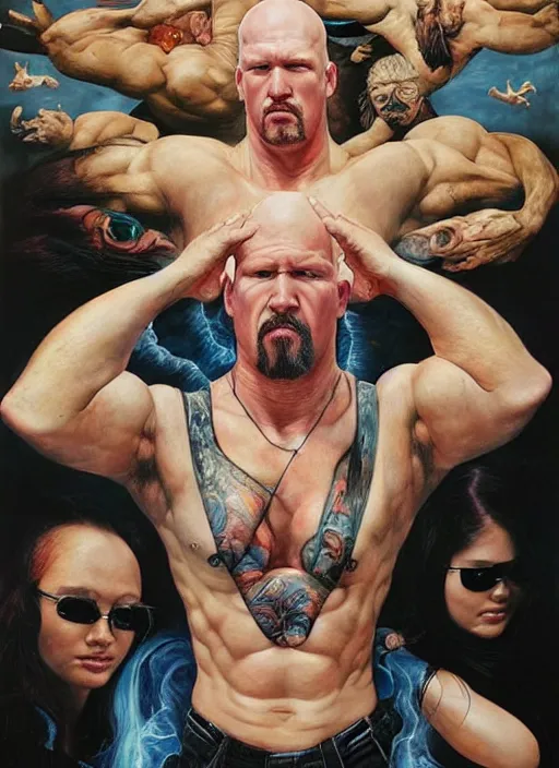 Prompt: ultrawide angle colour portrait masterpiece photo of stone cold steve austin by annie leibovitz michael cheval miho hirano moebius josh kirb