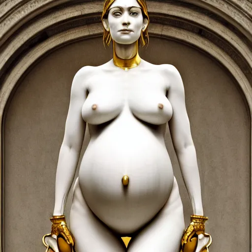 Image similar to a statue made of white marble with gold veins, of an beautiful pregnant woman, perfect symmetrical body, perfect symmetrical face, closed eyes, hyper realistic, hyper detailed, fujicolor superia, bokeh background, full body shot, by peter kemp, by monia merlo octane render, blender, 8 k