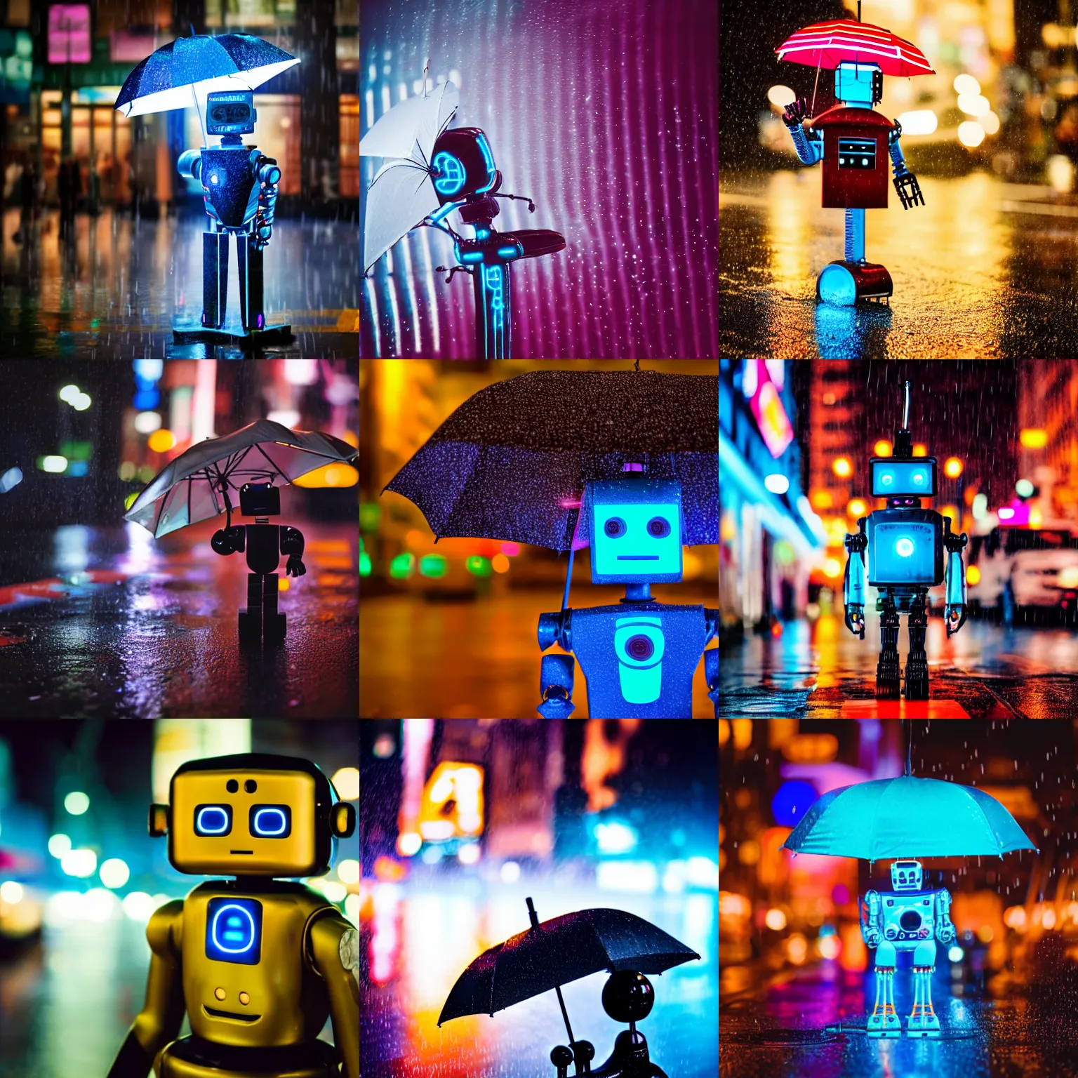 Prompt: close up of a robot holding an umbrella in a raining night in new york city neon lights moody 2 0 0 mm shot