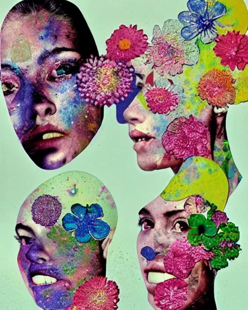 Image similar to different women's faces, cut and paste collage, glitched flowers, mutated color, ripple effect, 1 9 6 0 s elements, water stains, different emotions