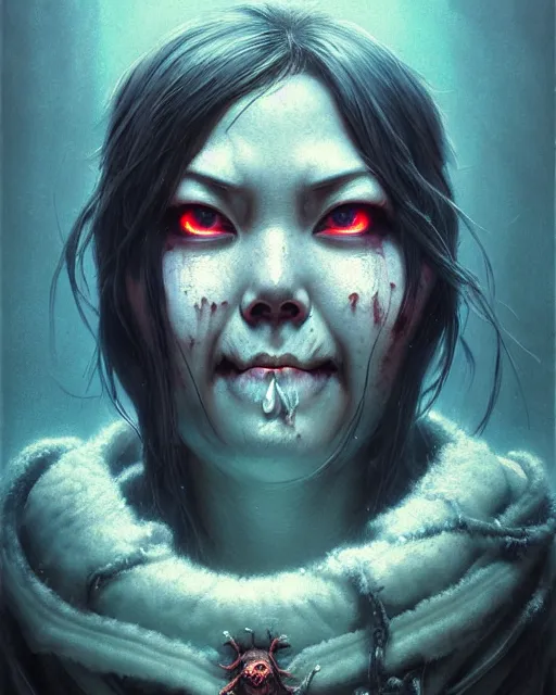 Image similar to mei from overwatch, ice, cold, frostbite, character portrait, portrait, close up, concept art, intricate details, highly detailed, horror poster, horror, vintage horror art, realistic, terrifying, in the style of michael whelan, beksinski, and gustave dore