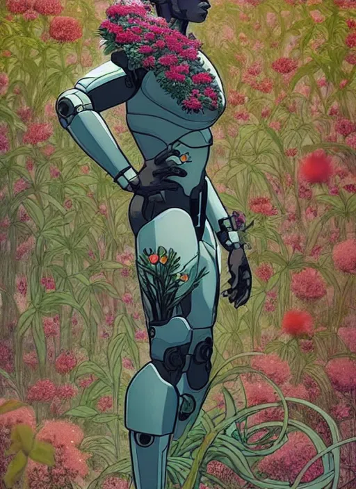 Prompt: a full body shot of cyborg in some plants with flowers for a face by satoshi kon and greg rutkowski, 7 0's vintage sci - fi flat surreal design