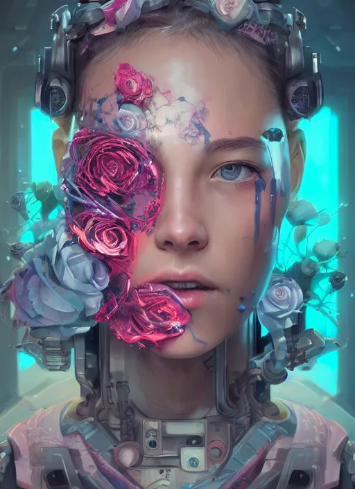 Prompt: portrait of a female face with roses, cyberpunk cyborg. roses, muted colors, sci - fi, intricate abstract upper body intricate artwork, by tooth wu, wlop, beeple, dan mumford. concept art, octane render, deviantart, greg rutkowski, cinematic arthouse, key art, hyper realism, iridescent accents