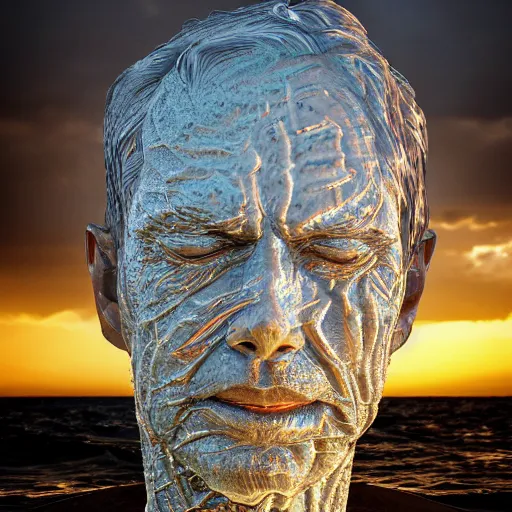 Image similar to a sculpture made of water in the shape of a human head, on the ocean water, water manipulation photoshop, cgsociety, cinematic, in the style of johnson tsang, long shot, hyper detailed, hyper realistic, ray tracing, 8 k resolution, sharp focus, realistic water, award winning