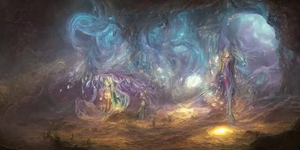 Image similar to concept art of translucent glowing fairies, lovecraftian, renaissance, melting, round moon, rich clouds, fighting the horrors of the unknown, very detailed, volumetric light, mist, fine art, decaying, textured oil over canvas, epic fantasy art, very colorful, ornate scales