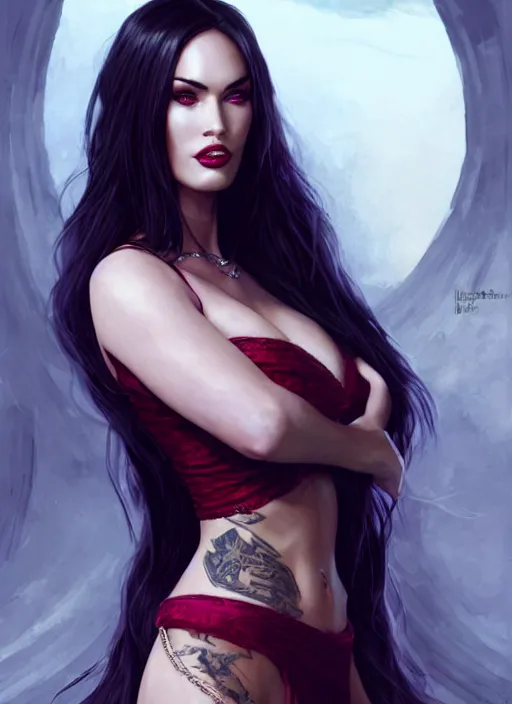 Prompt: portrait of megan fox as a sexy sultry evil vampire queen, jewelry, greek, ruby, intricate, headshot, key visual, conceptart, ambient lighting, highly detailed, digital painting, artstation, concept art, sharp focus, by makoto shinkai and akihiko yoshida and greg manchess