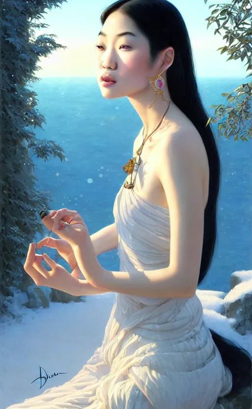 Image similar to a beautiful young charming asian goddess with sundress + jewelry + shinny eyes | | winter, symmetric, realistic shaded, unpleasant face, good looking, fine details, dior, lv, realistic shaded lighting poster by greg rutkowski, macoto takahashi, magali villeneuve, artgerm, jeremy lipkin and michael garmash