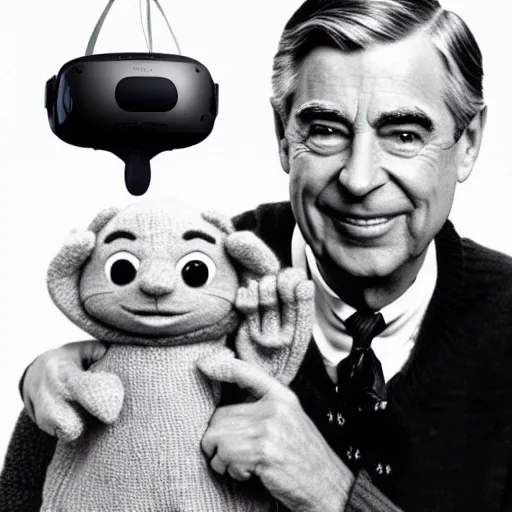 Prompt: Mister Rogers wearing a VR headset