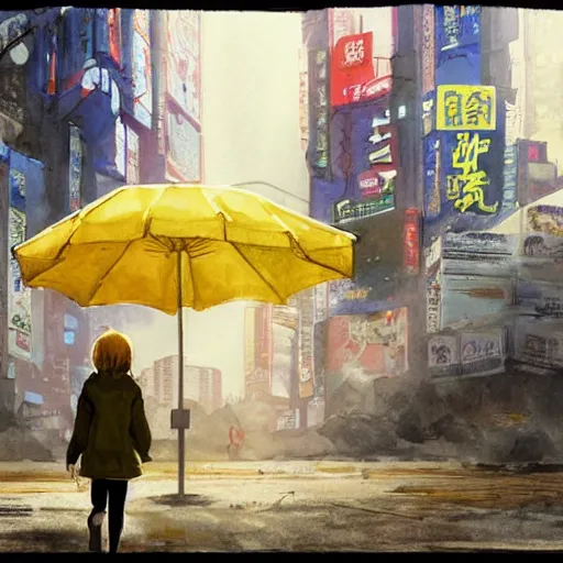 Image similar to incredible wide screenshot, ultrawide, simple watercolor, rough paper texture, ghost in the shell movie scene, backlit distant shot of girl in a parka running from a giant robot invasion side view, yellow parasol in deserted dusty shinjuku junk town, broken vending machines, bold graphic graffiti, old pawn shop, bright sun bleached ground, mud, fog, dust, windy, scary robot monster lurks in the background, ghost mask, teeth, animatronic, black smoke, pale beige sky, junk tv, texture, brown mud, dust, tangled overhead wires, telephone pole, dusty, dry, pencil marks, genius party,shinjuku, koji morimoto, katsuya terada, masamune shirow, tatsuyuki tanaka hd, 4k, remaster, dynamic camera angle, deep 3 point perspective, fish eye, dynamic scene