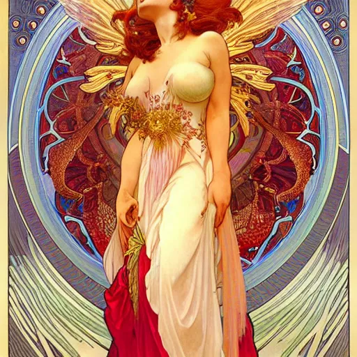 Image similar to a beautiful orchid phoenix angel woman, in an ornamented dress with large, volumetric light, god rays, 8 k high resolution, rubies, by alphonse mucha, artgerm