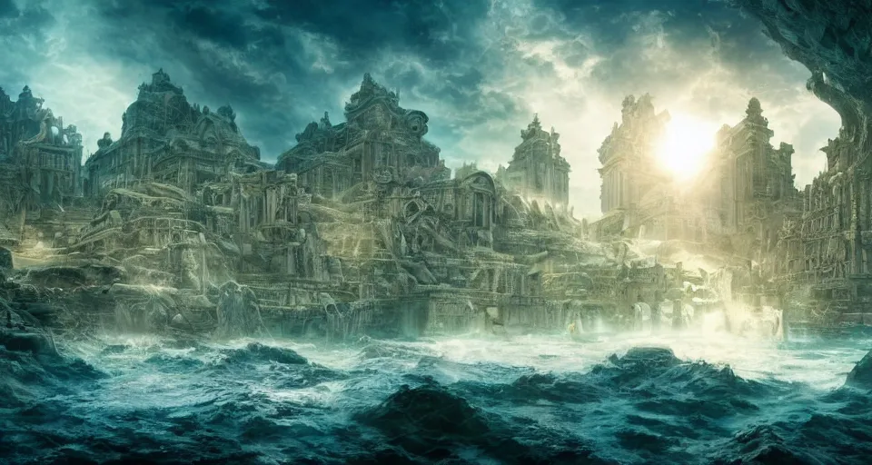 Image similar to a magnificent photo of the lost city of Atlantis, underwater, landscape, unbroken, buildings, epic lighting, hyper detailed, 4K