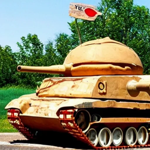 Prompt: a tank with meatballs instead of wheels