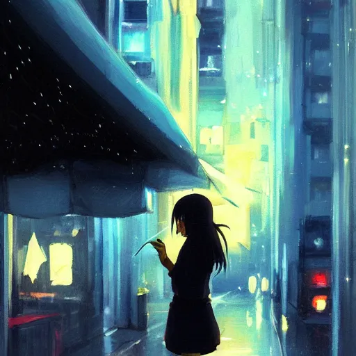 Image similar to a girl smoking, beautiful face, street at night, long hairfine art painting by makoto shinkai, featured on pixiv, hd