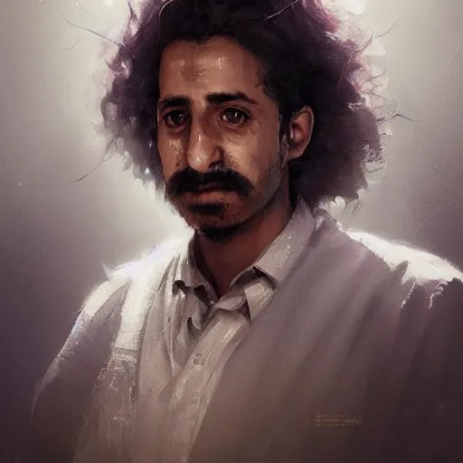 Image similar to a portrait of a Kurdish Albert Einstein in Kurdish clothes by Greg Rutkowski, digital art, horror, chiaroscuro, trending on artstation, anime arts, featured on Pixiv, HD, 8K, highly detailed, good lighting, beautiful, epic, masterpiece