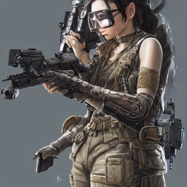 Image similar to the portrait of lawful neutral female cyberpunk infantry sniper as absurdly beautiful, gorgeous, elegant, young woman looking up, an ultrafine hyperdetailed illustration by kim jung gi, irakli nadar, intricate linework, bright colors, octopath traveler, final fantasy, unreal engine 5 highly rendered, global illumination, radiant light, detailed and intricate environment