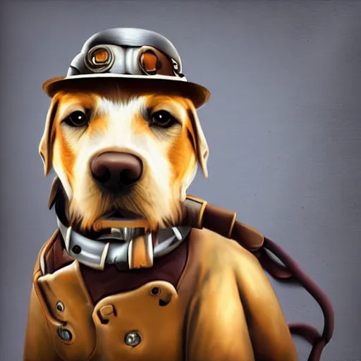 Image similar to a steampunk dog, digital art, hyperrealistic