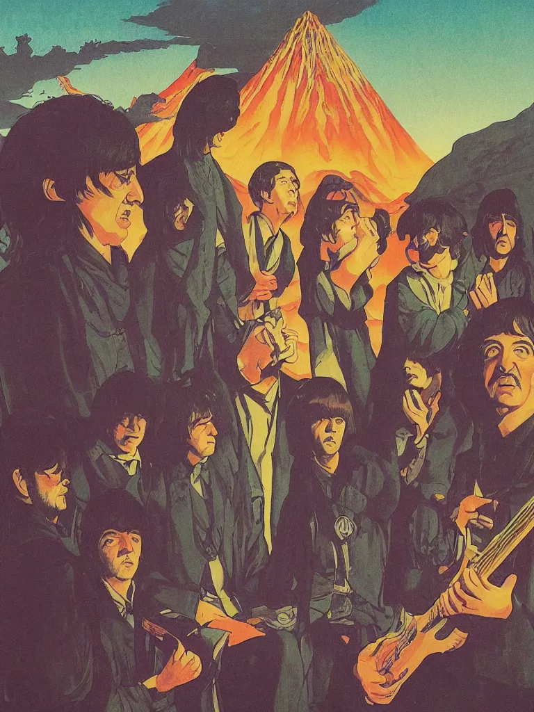 Prompt: an image of the beatles as a characters from the lord of the rings, taking mind altering drugs, a blotter paper of lsd acid and dreaming psychedelic hallucinations in the vast mordor landscape, by kawase hasui, moebius, edward hopper, colorful flat surreal design, dramatic lighting, hd, 8 k, artstation