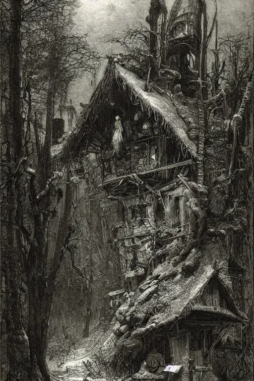 Prompt: a ramshackle multistory fairytale hut in the forest by Gustave Doré