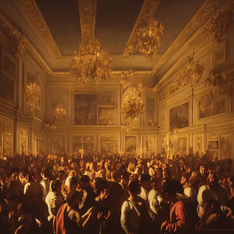 Prompt: Party in old Madrid, dreamlike atmosphere, symmetrical baroque painting, perfect composition, beautiful and detailed intricate high detailed octane that is trending on Artstation, 8K fine art photography, photorealistic, soft natural volumetric cinematic perfect light, chiaroscuro, award- winning photography, masterpiece, Raphael, Caravaggio, Greg Rutkowski, Beeple