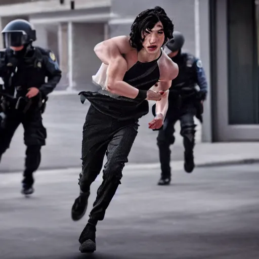 Prompt: high quality render of Ezra miller looking insane and running away from police. 4k