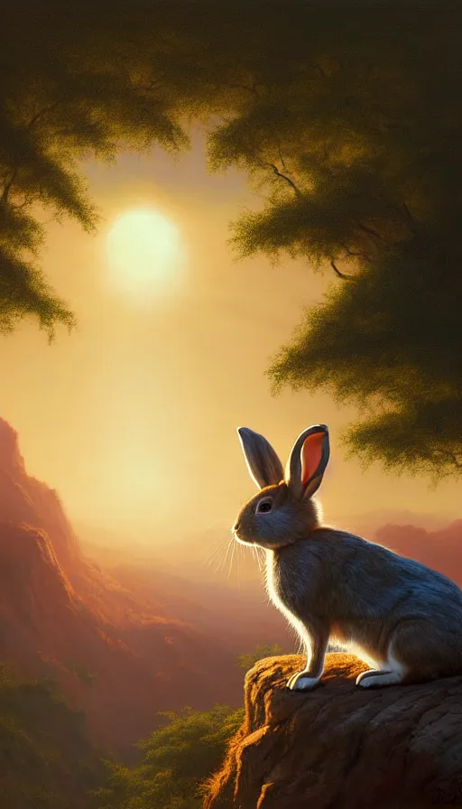 Image similar to hyper realistic rabbit looking off of a cliff, sun setting behind rabbit silhouette, lush forest in valley below, painted by craig mullins, j. c. leyendecker 8 k