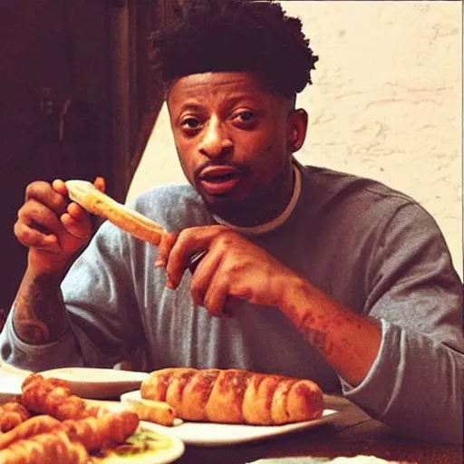 Image similar to “ 2 1 savage eating sausage, award winning pork, actual photo from 1 0 5 6 ad ”